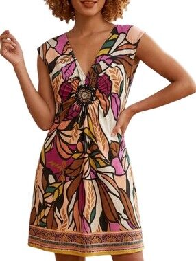 ECI New York Abstract Floral Beaded V-Neck Mini Dress Tunic Boho Pink Size XL